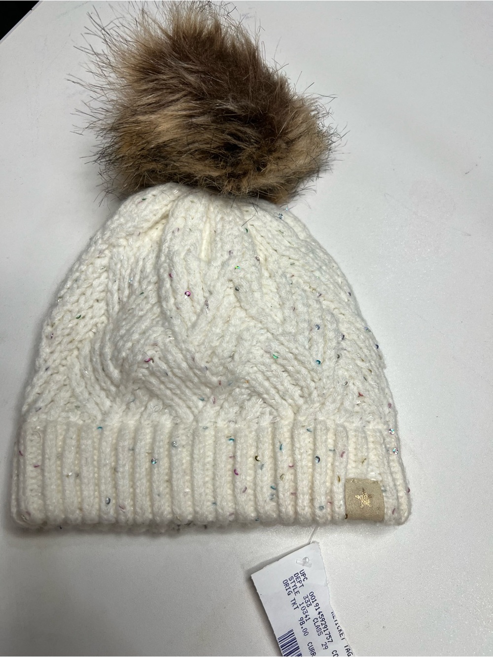 Kids Cream Knit Pom Beanie with Sparkle confetti Details